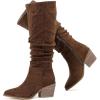 imageWomens Knee High Boots Wide Calf Chunky Block Low Heel and Slouchy Pointed Toe Winter Long Boots for WomenBrown Mf 961
