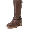 imageWomens Mid Calf Boots Flat Casual Round Toe Booties Fashion Buckle Dressy Fall and Winter Low Heeled Boots for WomenBrown Mf 973