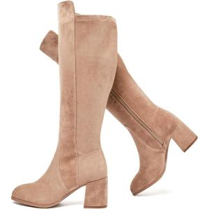 imageWomens Extra Wide Calf Knee High Boots True Wide Width Chunky Heeled Boot Comfortable Plus Size Tall Long Gogo Boots for WomenBeige Mf 370