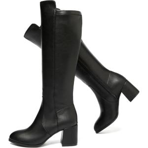imageWomens Extra Wide Calf Knee High Boots True Wide Width Chunky Heeled Boot Comfortable Plus Size Tall Long Gogo Boots for WomenBlack Pu 370