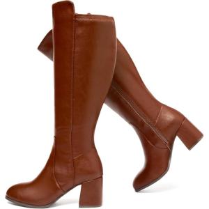 imageWomens Extra Wide Calf Knee High Boots True Wide Width Chunky Heeled Boot Comfortable Plus Size Tall Long Gogo Boots for WomenBrown Pu 370