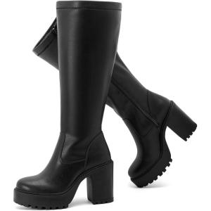 imageWomens Extra Wide Calf Knee High Boots True Wide Width Platform Chunky Heeled Gogo Boots Rounded Toe Block Heel Tall Boot for WomenBlack Pu 369