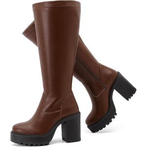 imageWomens Extra Wide Calf Knee High Boots True Wide Width Platform Chunky Heeled Gogo Boots Rounded Toe Block Heel Tall Boot for WomenBrown Pu 369