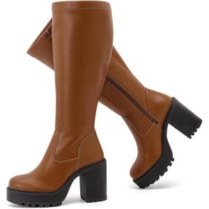 imageWomens Extra Wide Calf Knee High Boots True Wide Width Platform Chunky Heeled Gogo Boots Rounded Toe Block Heel Tall Boot for WomenTaupe Pu 369