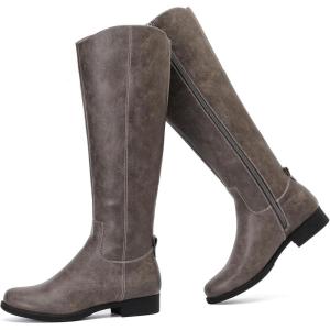 imageWomens Knee High Boots Stylish Comfort Round Toe Tall Riding Combat Boot Classic Fashion Fall Winter Boots for WomenGrey Pu 909