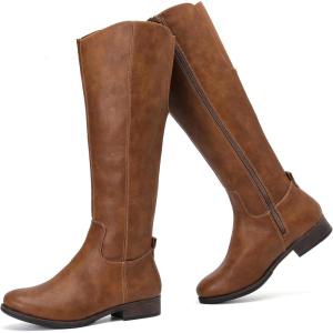 imageWomens Knee High Boots Stylish Comfort Round Toe Tall Riding Combat Boot Classic Fashion Fall Winter Boots for WomenTaupe Pu 909