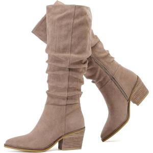 imageWomens Knee High Boots Wide Calf Chunky Block Low Heel and Slouchy Pointed Toe Winter Long Boots for WomenBeige Mf 961
