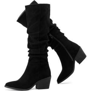 imageWomens Knee High Boots Wide Calf Chunky Block Low Heel and Slouchy Pointed Toe Winter Long Boots for WomenBlack Mf 961