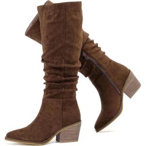 imageWomens Knee High Boots Wide Calf Chunky Block Low Heel and Slouchy Pointed Toe Winter Long Boots for WomenBrown Mf 961