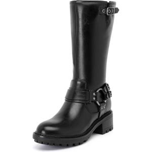 imageWomens Mid Calf Boots Flat Casual Round Toe Booties Fashion Buckle Dressy Fall and Winter Low Heeled Boots for WomenBlack Mf 973