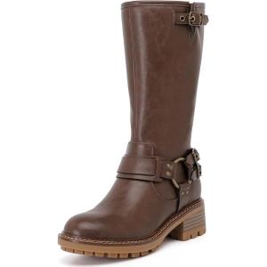 imageWomens Mid Calf Boots Flat Casual Round Toe Booties Fashion Buckle Dressy Fall and Winter Low Heeled Boots for WomenBrown Mf 973