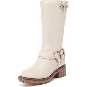 imageWomens Mid Calf Boots Flat Casual Round Toe Booties Fashion Buckle Dressy Fall and Winter Low Heeled Boots for WomenWhite Mf 973