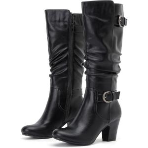 imageWomens Slouchy Knee High Boots with Chunky Heel Pointed Toe Comfortable and Fashionable Fall Winter Boots for WomenBlack Lpu 301