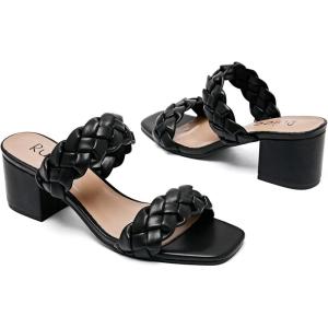 imageWomens Heels Braided Heeled Sandals Squear Open Toe Slides Sandals Slip on Chunky Heel Sandals Dressy Summer Shoes for WomenBlack 085
