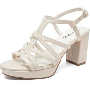imageWomens Platform Heels Chunky Heeled Sandals Ankle Strappy Round Open Toe Dressy Shoes Wedding Party High Pump Heels for WomenBeige 093