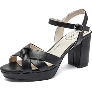 imageWomens Platform Heels Chunky Heeled Sandals Ankle Strappy Round Open Toe Dressy Shoes Wedding Party High Pump Heels for WomenBlack 086
