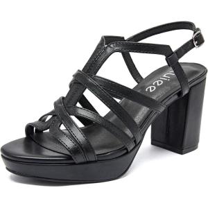 imageWomens Platform Heels Chunky Heeled Sandals Ankle Strappy Round Open Toe Dressy Shoes Wedding Party High Pump Heels for WomenBlack 093
