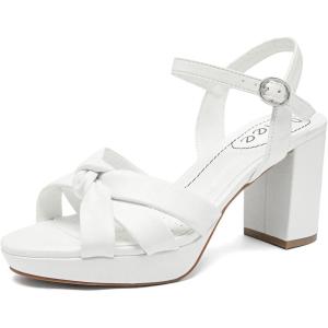 imageWomens Platform Heels Chunky Heeled Sandals Ankle Strappy Round Open Toe Dressy Shoes Wedding Party High Pump Heels for WomenWhite 086