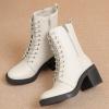 imageWomens Lace Up Ankle Boots Chunky Block Heel and Comfortable Round Toe Fashion Mid Calf Combat Fall Winter Booties for WomenWhite Pu 980