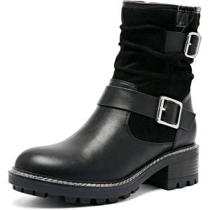 imageWomens Ankle Boots Slouchy Flat Ladies Booties Low Chunky Heeled Riding Combat Boot Comfortable Casual Round Toe Short Boots for WomenBlack Mf 963