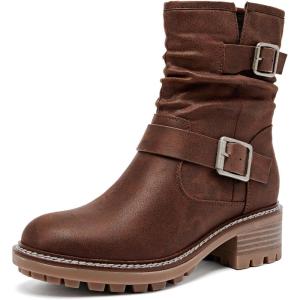 imageWomens Ankle Boots Slouchy Flat Ladies Booties Low Chunky Heeled Riding Combat Boot Comfortable Casual Round Toe Short Boots for WomenBrown Bmf 963