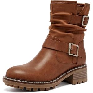 imageWomens Ankle Boots Slouchy Flat Ladies Booties Low Chunky Heeled Riding Combat Boot Comfortable Casual Round Toe Short Boots for WomenTan Mf 963
