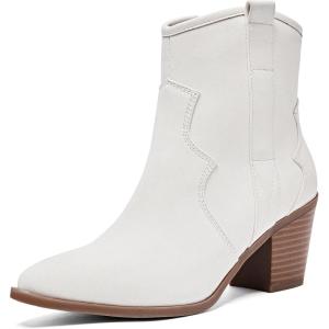 imageWomens Cowboy Ankle Boots Western Cowgirl Chunky Heeled Booties Classic Casual Comfortable Low Mid Heel Short Boots for WomenWhite Pu 969
