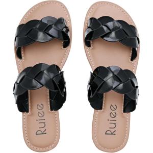 imageWomens Flat Slides Sandals Summer Slippers Comfortable Braided Strap Round Open Toe Casual Beach Shoes for WomenBlack 081