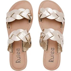 imageWomens Flat Slides Sandals Summer Slippers Comfortable Braided Strap Round Open Toe Casual Beach Shoes for WomenGold 081