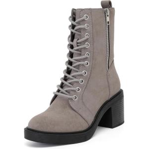 imageWomens Lace Up Ankle Boots Chunky Block Heel and Comfortable Round Toe Fashion Mid Calf Combat Fall Winter Booties for WomenGray Pu 980