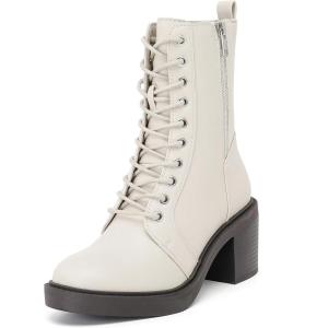 imageWomens Lace Up Ankle Boots Chunky Block Heel and Comfortable Round Toe Fashion Mid Calf Combat Fall Winter Booties for WomenWhite Pu 980