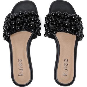imageWomens Flat Slides Sandals Pearl Decor Sparkly Bling Dressy Slides Comfortable Casual Bride Wedding Summer Slip on Sandals for WomenBlack 223