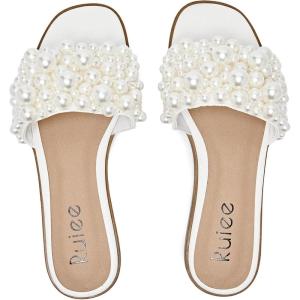 imageWomens Flat Slides Sandals Pearl Decor Sparkly Bling Dressy Slides Comfortable Casual Bride Wedding Summer Slip on Sandals for WomenWhite 223