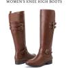 imageWomens Knee High Boots Stylish Comfort Round Toe Tall Riding Combat Boot Classic Fashion Fall Winter Boots for WomenBrown Pu 118