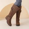 imageWomens Knee High Boots Stylish Comfort Round Toe Tall Riding Combat Boot Classic Fashion Fall Winter Boots for WomenTan Mf 118