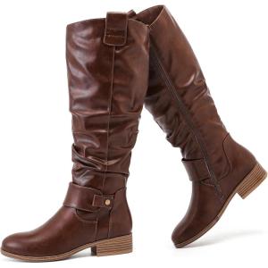 imageWomens Slouchy Knee High Boots  Comfortable Platform Flat Tall Boot Stylish Round Toe Side Zipper Winter Casual Boots for WomenBrown Pu 124