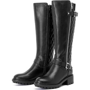 imageWomens Knee High Boots Classic Comfort Riding Combat Boot Round Toe Side Zipper Long Tall Fall Winter Boots for WomenBlack Pu 267