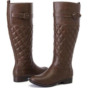 imageWomens Slouchy Knee High Boots Low Heel Comfort Round Toe Tall Calf Flat Riding Combat Boots for WomenBrown Pu 119