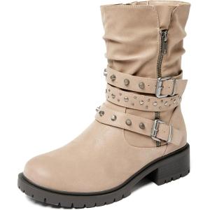 imageWomens Wide Width Ankle Boots True Plus Size Wide Foot Flat Slouchy Booties Comfort Riding Combat Rivet Short Boots for WomenTaupe Pu 372