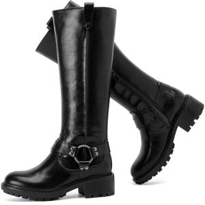 imageWomens Knee High Boots Classic Comfort Riding Combat Boot Round Toe Side Zipper Long Tall Fall Winter Boots for WomenBlack Pu 972