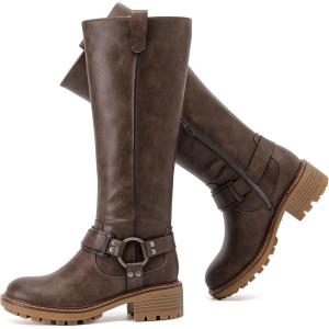 imageWomens Knee High Boots Classic Comfort Riding Combat Boot Round Toe Side Zipper Long Tall Fall Winter Boots for WomenBrown Pu 972