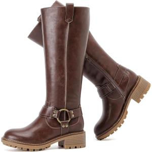imageWomens Knee High Boots Classic Comfort Riding Combat Boot Round Toe Side Zipper Long Tall Fall Winter Boots for WomenD Brown Pu 972