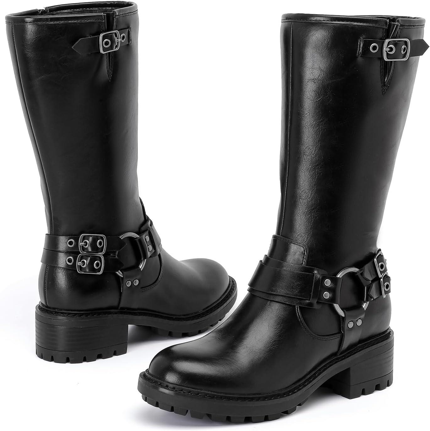 imageBoots for Women Mid Calf Flat Casual Round Toe Fashion Calf High Boot Buckle Dressy Fall and Winter Low Heeled KneeHigh BootsBlack Mf 973