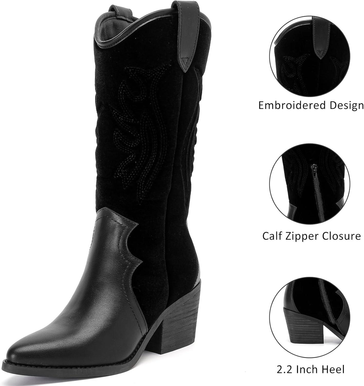 imageBoots for Women Mid Calf Flat Casual Round Toe Fashion Calf High Boot Buckle Dressy Fall and Winter Low Heeled KneeHigh BootsBlack Mf 977