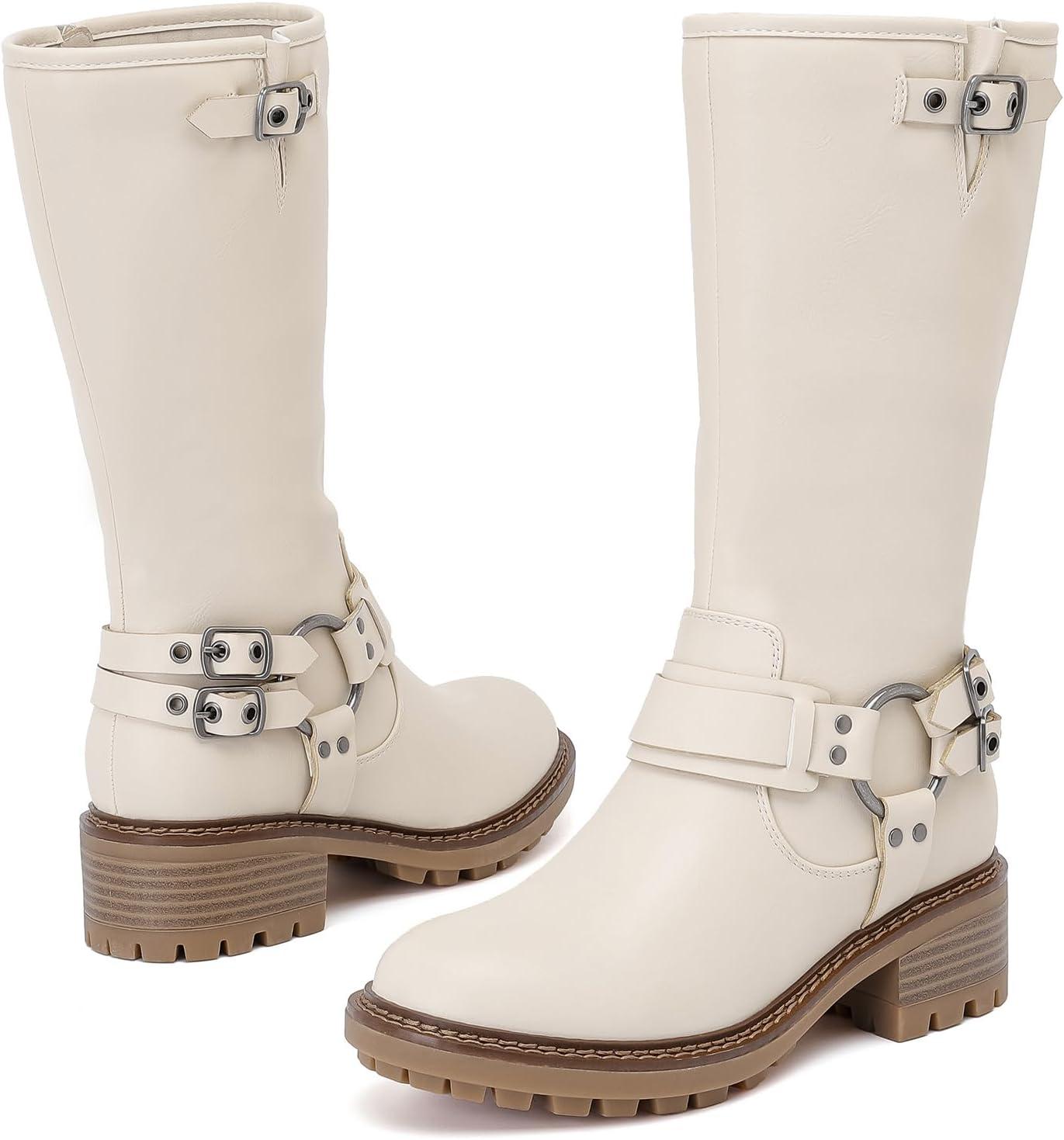 imageBoots for Women Mid Calf Flat Casual Round Toe Fashion Calf High Boot Buckle Dressy Fall and Winter Low Heeled KneeHigh BootsWhite Mf 973