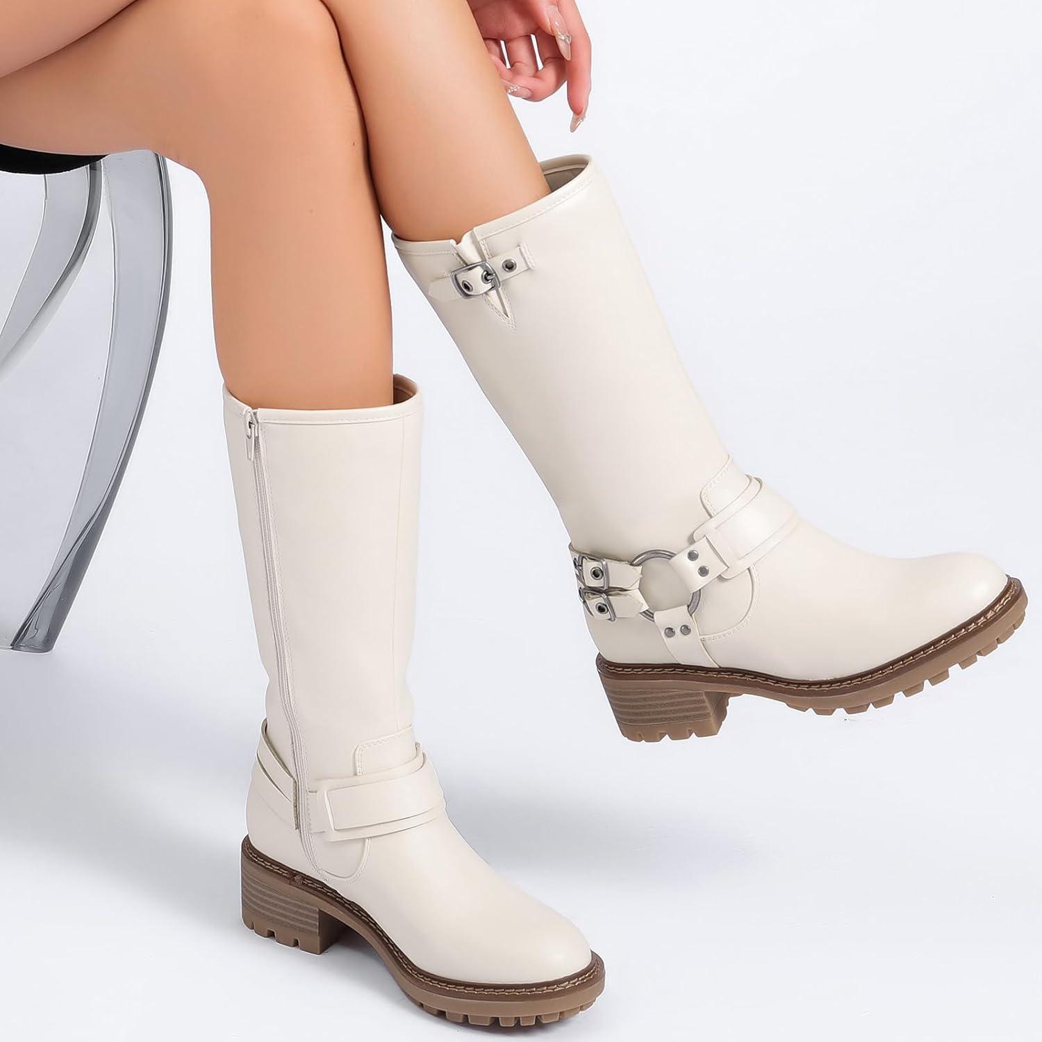 imageBoots for Women Mid Calf Flat Casual Round Toe Fashion Calf High Boot Buckle Dressy Fall and Winter Low Heeled KneeHigh BootsWhite Mf 973