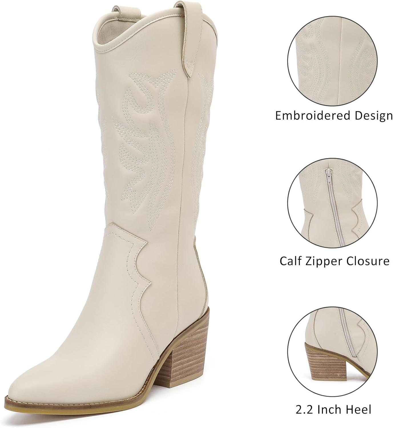 imageBoots for Women Mid Calf Flat Casual Round Toe Fashion Calf High Boot Buckle Dressy Fall and Winter Low Heeled KneeHigh BootsWhite Pu 977