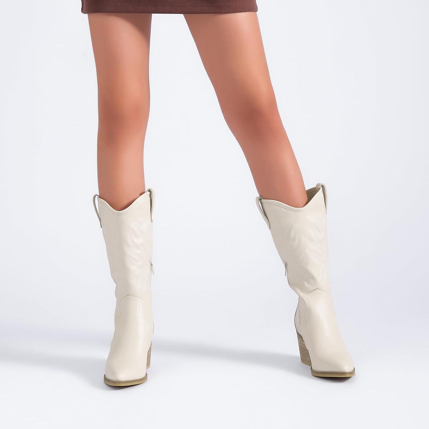 imageBoots for Women Mid Calf Flat Casual Round Toe Fashion Calf High Boot Buckle Dressy Fall and Winter Low Heeled KneeHigh BootsWhite Pu 977