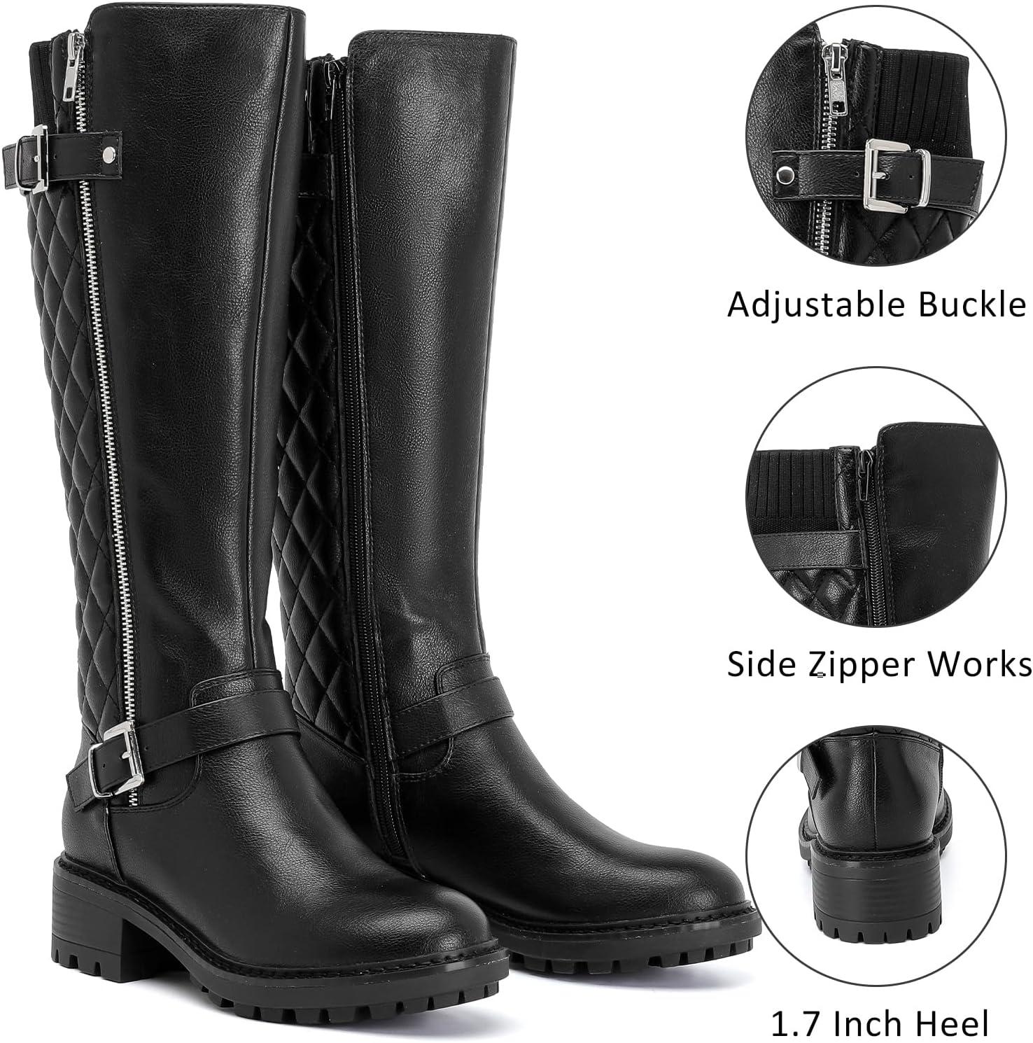 imageKnee High Boots for Women Classic Comfort Riding Combat Boot Round Toe Side Zipper Long Tall Fall Winter Womens BootsBlack Pu 267