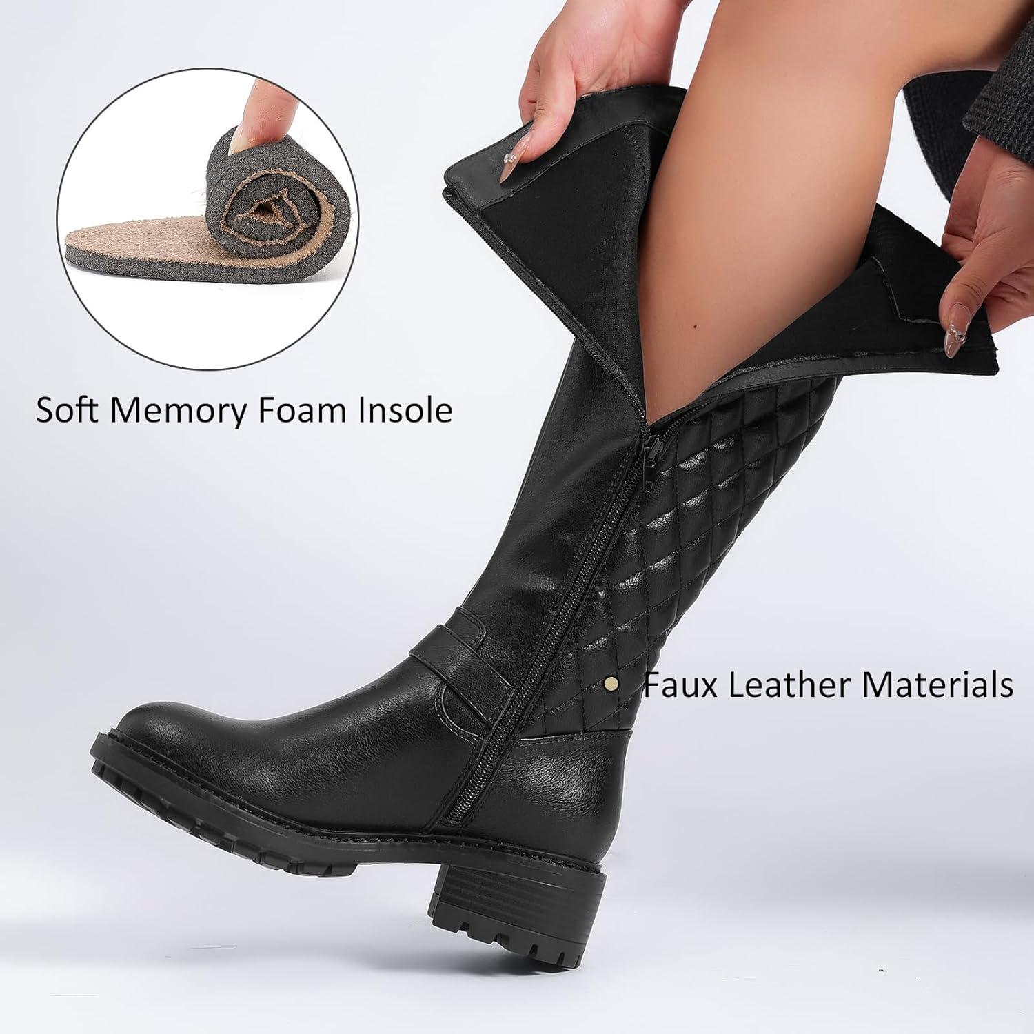 imageKnee High Boots for Women Classic Comfort Riding Combat Boot Round Toe Side Zipper Long Tall Fall Winter Womens BootsBlack Pu 267